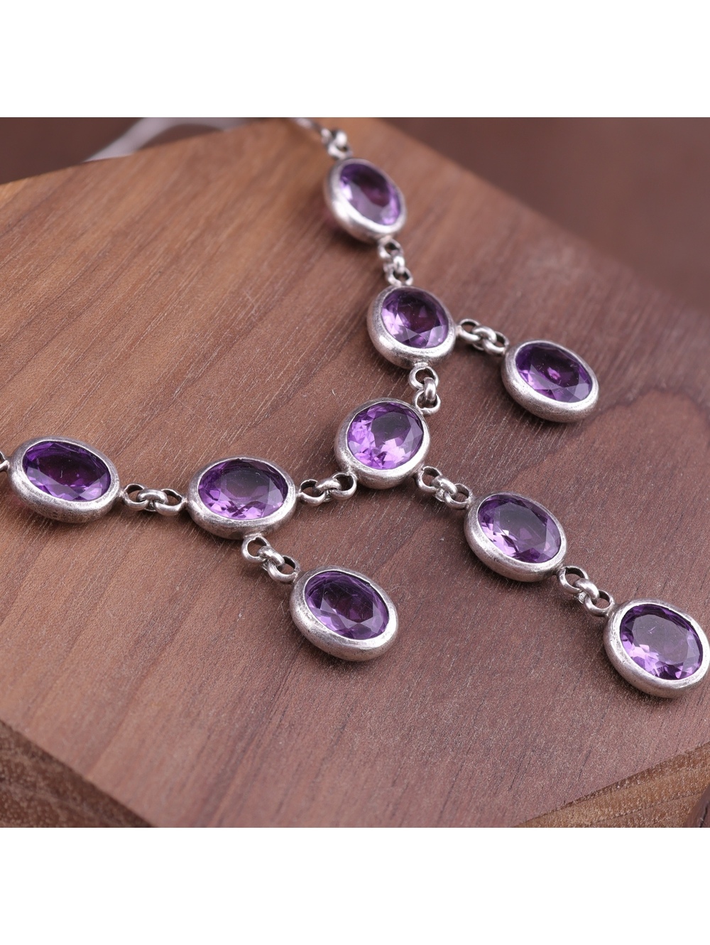 Vintage 925 Sterling Silver Amethyst Festoon Drop Necklace 18" Snake Chain 20g